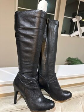 Classic Black Leather Knee Heeled Boots